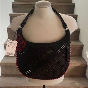 Desigual Black Shoulder Bag with Pink Trim and Fringe